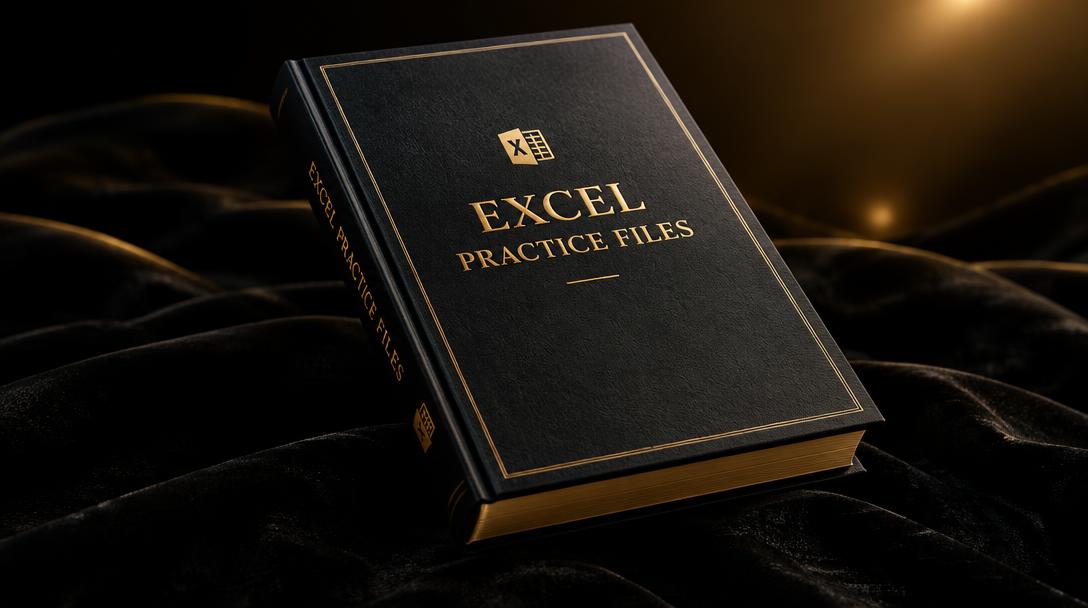 Premium Excel Practice Files book with black leather cover and gold foil lettering