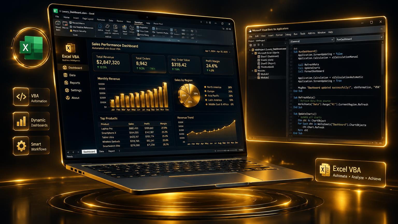 Premium 3D Excel VBA dashboard with gold charts and macro code editor
