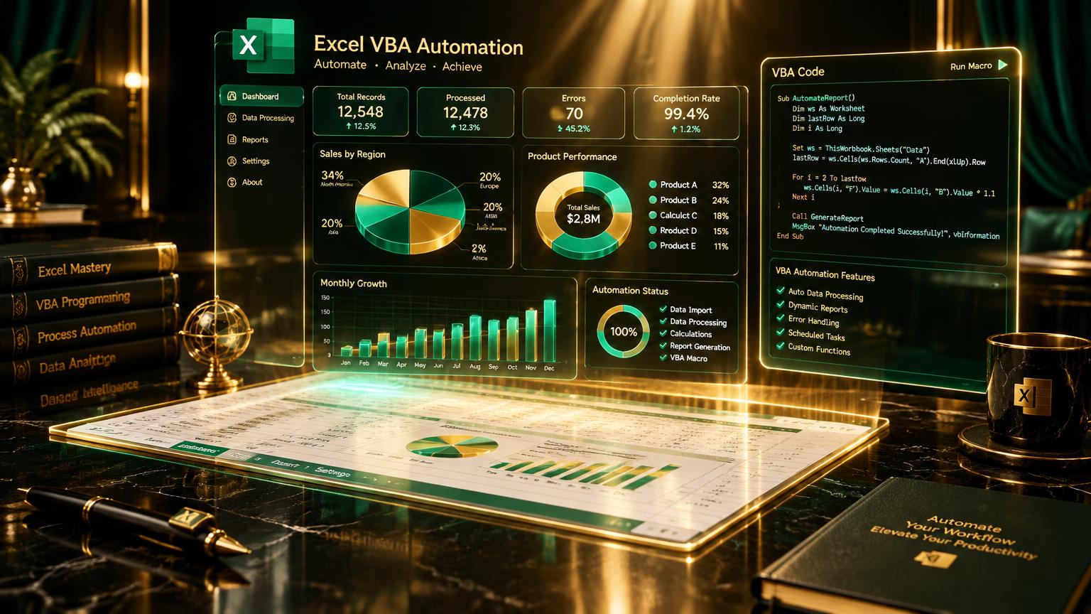 Luxury 3D Excel VBA automation dashboard with gold and emerald charts
