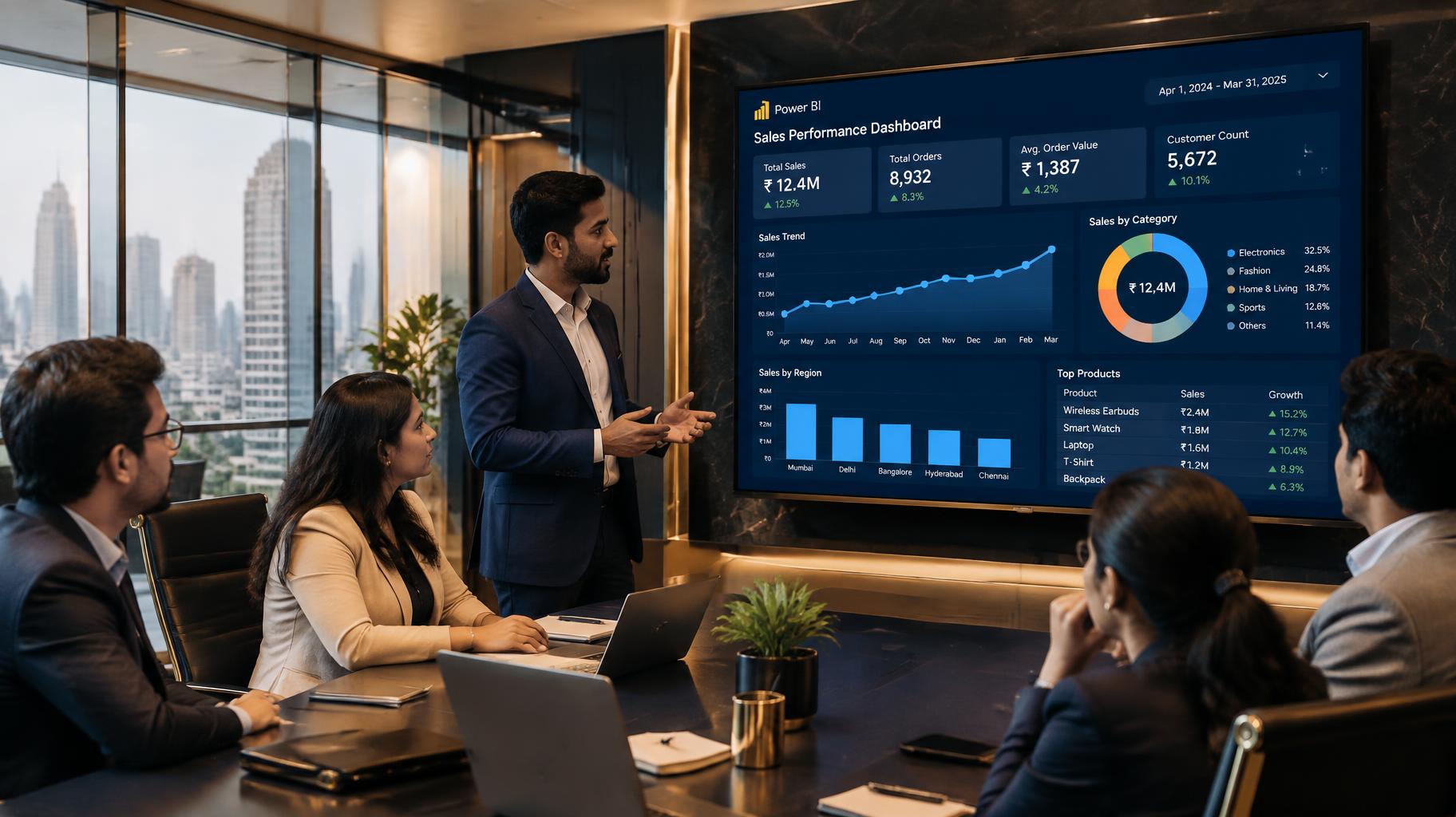 Indian team in a meeting room reviewing a live Power BI sales dashboard